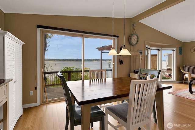 dining space featuring a healthy amount of sunlight, a water view, baseboards, and light wood-style flooring