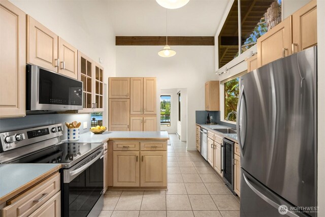 kitchen featuring light brown cabinetry, appliances with stainless steel finishes, and a sink