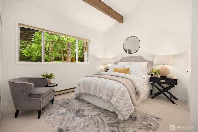 carpeted bedroom featuring baseboards, a baseboard radiator, and lofted ceiling with beams
