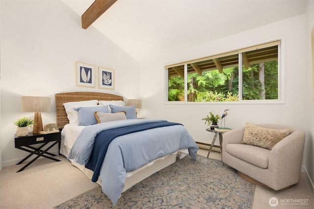 bedroom featuring carpet floors, lofted ceiling with beams, baseboards, and baseboard heating