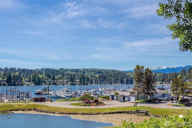 property view of water featuring a mountain view, a wooded view, and a dock