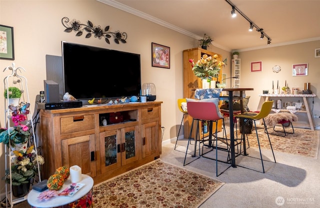 living room with baseboards, ornamental molding, carpet, and rail lighting