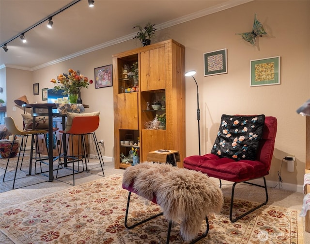 sitting room featuring carpet floors, baseboards, ornamental molding, and rail lighting