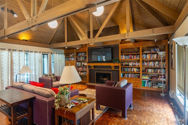 living area with wooden ceiling, beamed ceiling, high vaulted ceiling, and a wealth of natural light