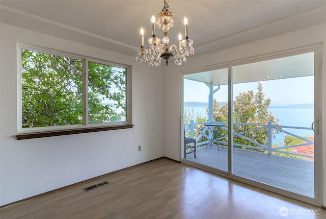 spare room with a water view, healthy amount of natural light, a chandelier, and wood finished floors
