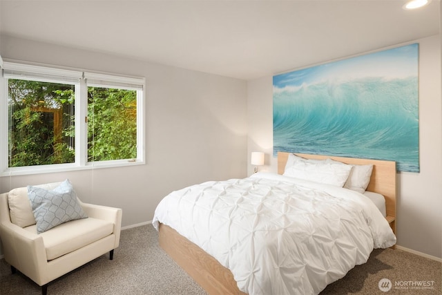 carpeted bedroom with baseboards and recessed lighting