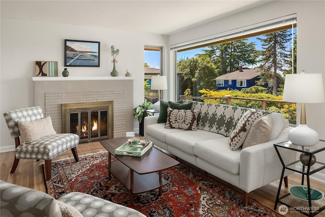 6743 40th Ave SW, Seattle, WA 98136 - living area featuring wood finished floors and a fireplace