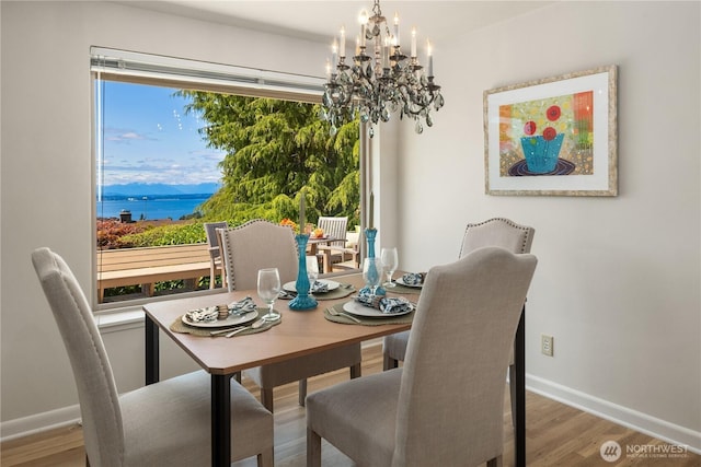 6743 40th Ave SW, Seattle, WA 98136 - dining area with a chandelier, wood finished floors, and a water view