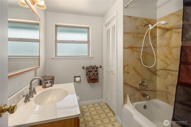 6743 40th Ave SW, Seattle, WA 98136 - full bathroom featuring a closet, shower / tub combo, vanity, and tile patterned floors