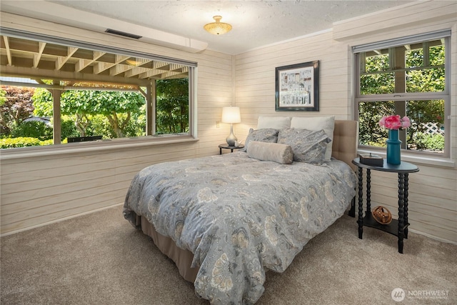 6743 40th Ave SW, Seattle, WA 98136 - carpeted bedroom featuring multiple windows, wood walls, and a textured ceiling