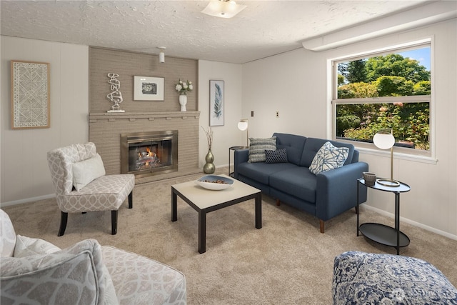 6743 40th Ave SW, Seattle, WA 98136 - living area featuring carpet flooring, a fireplace, and a textured ceiling