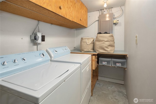 6743 40th Ave SW, Seattle, WA 98136 - laundry room featuring cabinet space, separate washer and dryer, and electric panel