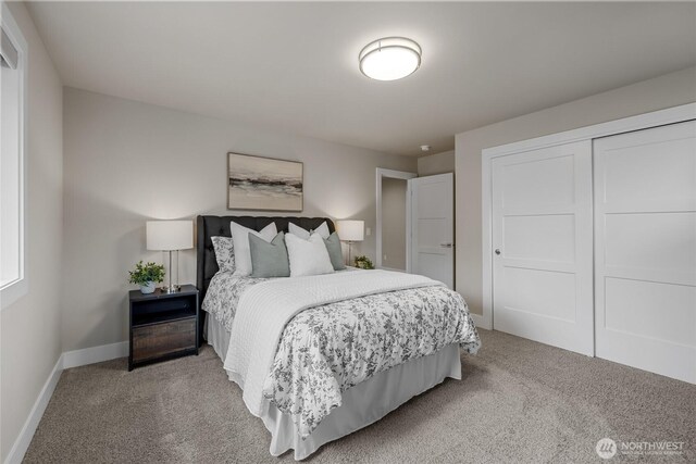bedroom featuring baseboards, carpet, and a closet