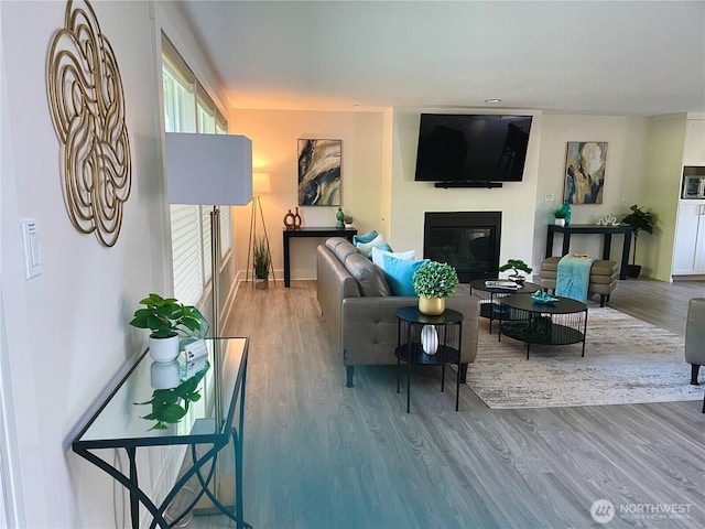 2940 161st Ave SE, Bellevue, WA 98008 - living area featuring wood finished floors, a glass covered fireplace, and baseboards