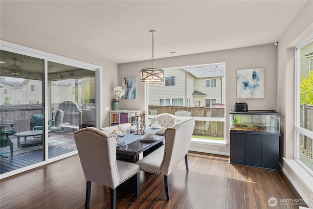 dining room featuring baseboards, a chandelier, and dark wood-type flooring