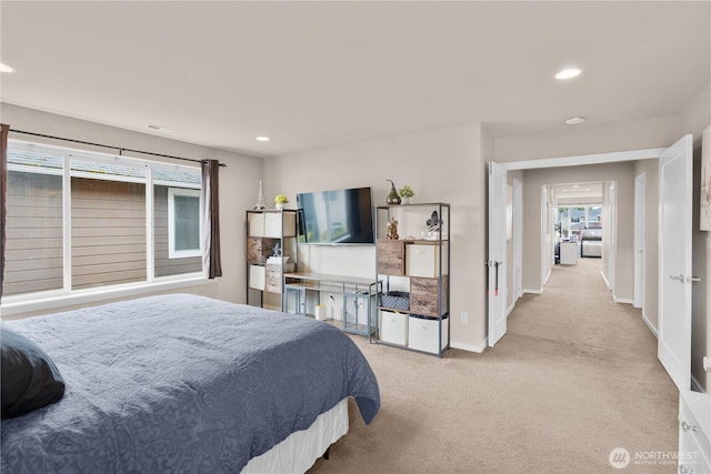 bedroom featuring baseboards, carpet, and recessed lighting