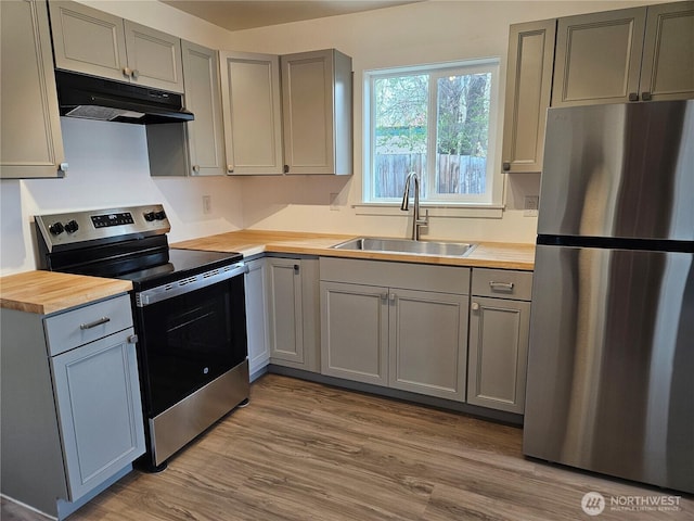 kitchen with under cabinet range hood, appliances with stainless steel finishes, wooden counters, and a sink