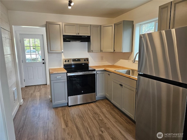 kitchen featuring a healthy amount of sunlight, under cabinet range hood, a sink, appliances with stainless steel finishes, and gray cabinetry
