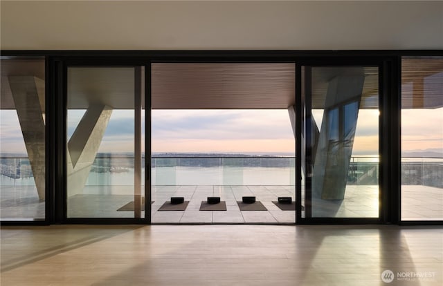 doorway with floor to ceiling windows, a water view, and wood finished floors