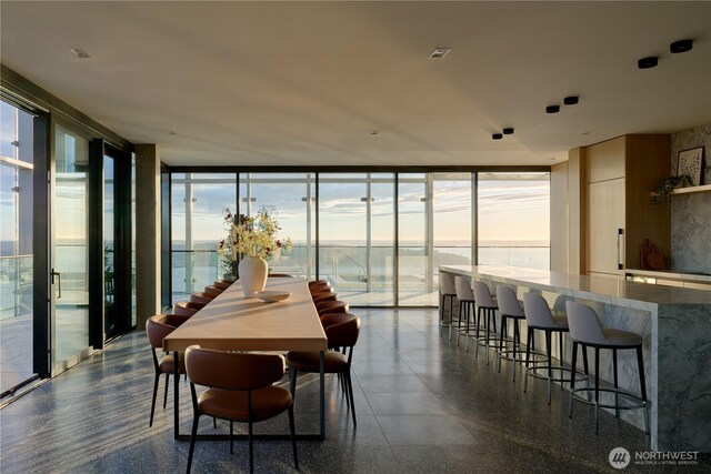 dining space with a water view, floor to ceiling windows, and plenty of natural light