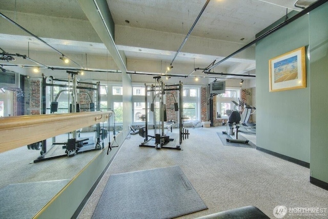 gym featuring baseboards and carpet