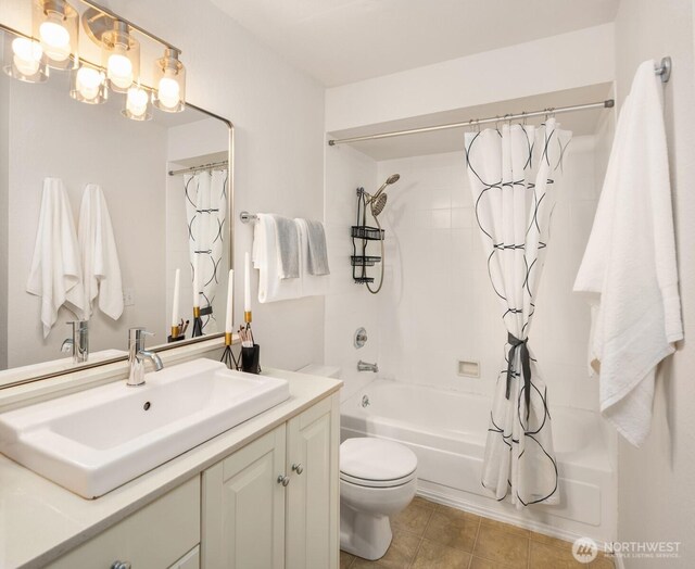 11547 SE 175th St Unit 1, Renton, WA 98058 - bathroom with vanity, shower / bath combination with curtain, toilet, and tile patterned floors