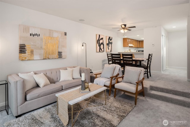 11547 SE 175th St Unit 1, Renton, WA 98058 - living area featuring light carpet, a ceiling fan, baseboards, and recessed lighting