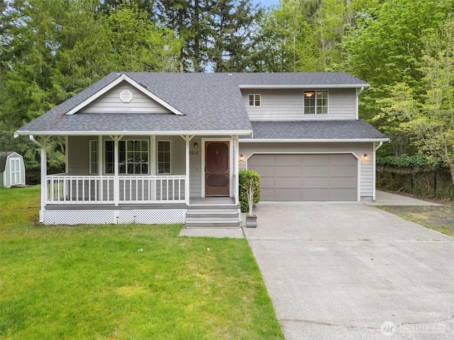 view of front of house featuring a garage, a front lawn, a shingled roof, concrete driveway, and a porch