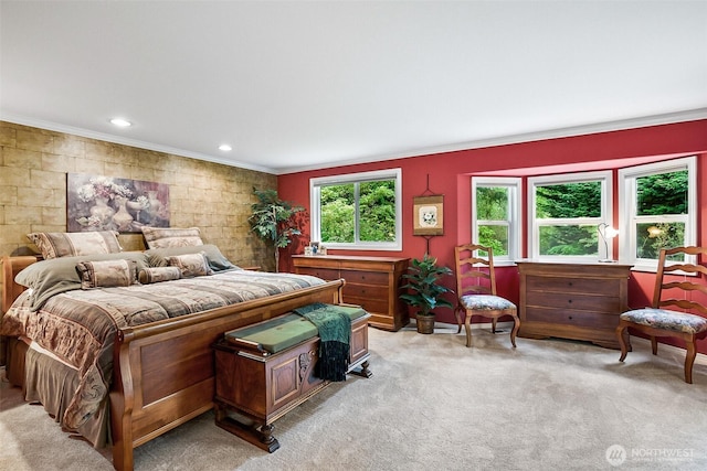 bedroom featuring crown molding, light carpet, and recessed lighting