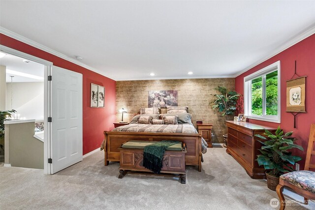 carpeted bedroom with crown molding