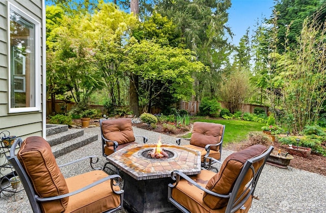 view of patio with a fenced backyard and a fire pit