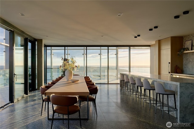 dining space with a water view, floor to ceiling windows, and plenty of natural light