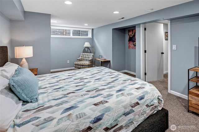 bedroom with recessed lighting, baseboards, visible vents, and carpet