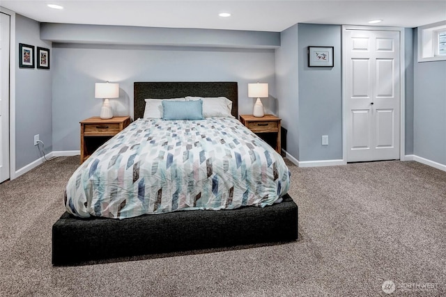 carpeted bedroom with baseboards and recessed lighting