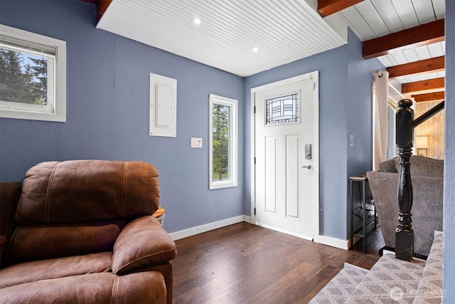 4130 Lakeway Dr, Bellingham, WA 98229 - entrance foyer featuring baseboards, wood ceiling, wood finished floors, and beamed ceiling