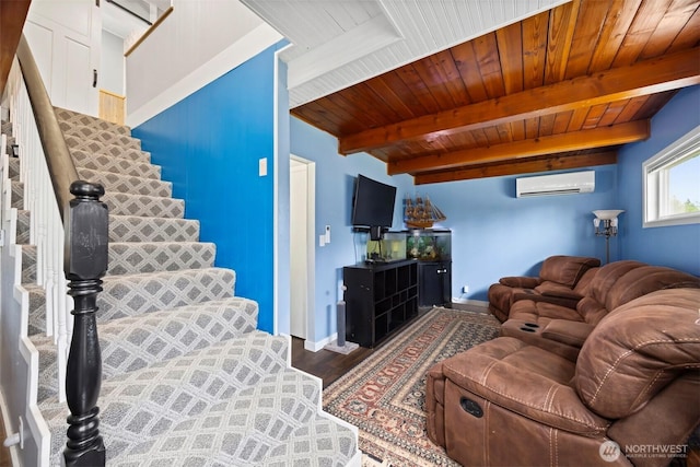 4130 Lakeway Dr, Bellingham, WA 98229 - living room with a wall mounted AC, wood finished floors, stairway, baseboards, and wooden ceiling