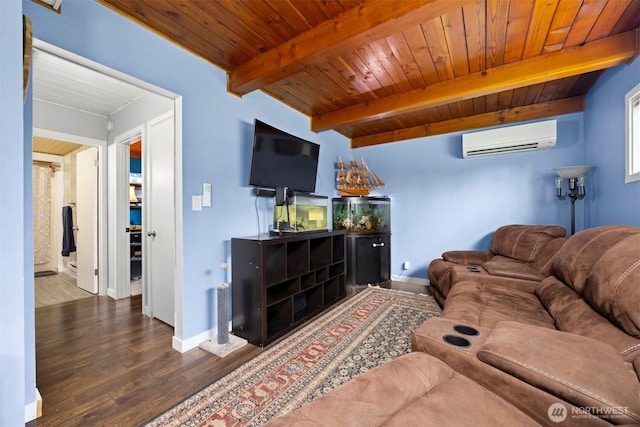 4130 Lakeway Dr, Bellingham, WA 98229 - living area featuring baseboards, a wall mounted air conditioner, wood finished floors, and beamed ceiling