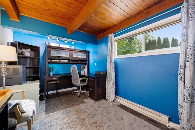4130 Lakeway Dr, Bellingham, WA 98229 - home office featuring built in study area, wooden ceiling, baseboards, and beamed ceiling