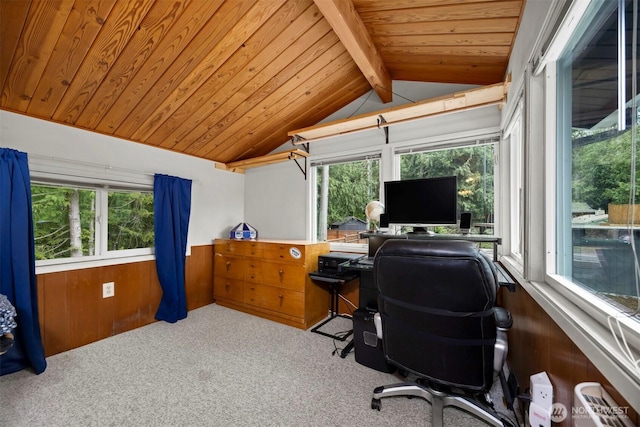 4130 Lakeway Dr, Bellingham, WA 98229 - office area with wooden walls, carpet, a wainscoted wall, vaulted ceiling with beams, and wood ceiling