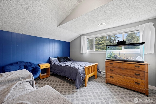 4130 Lakeway Dr, Bellingham, WA 98229 - bedroom with light colored carpet, a textured ceiling, and vaulted ceiling