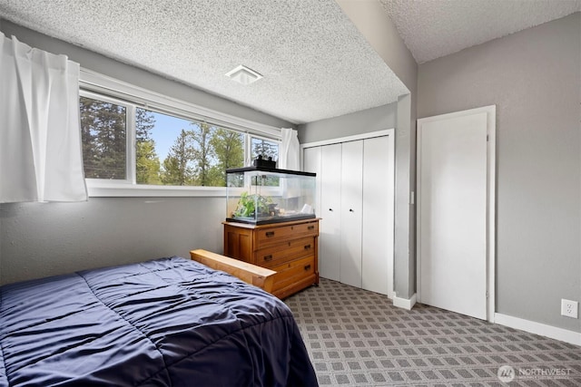 4130 Lakeway Dr, Bellingham, WA 98229 - carpeted bedroom with baseboards, a closet, and a textured ceiling