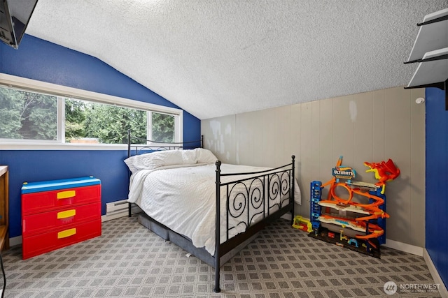 4130 Lakeway Dr, Bellingham, WA 98229 - carpeted bedroom featuring a baseboard radiator, a textured ceiling, and lofted ceiling