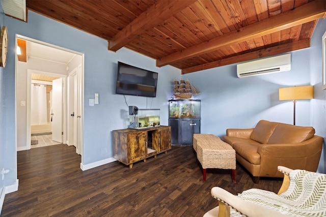 4130 Lakeway Dr, Bellingham, WA 98229 - living area with an AC wall unit, a wooden ceiling with exposed beams, and wood finished floors