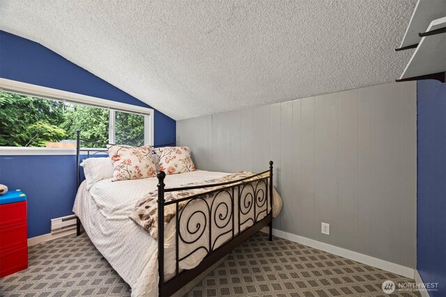 4130 Lakeway Dr, Bellingham, WA 98229 - bedroom with a textured ceiling, baseboard heating, and lofted ceiling
