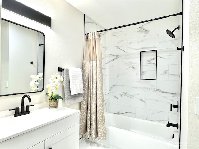 10221 NE 16th St Unit H5, Bellevue, WA 98004 - bathroom with vanity, a textured wall, and shower / tub combo with curtain