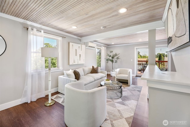 living area featuring an AC wall unit, baseboards, wood-type flooring, ornamental molding, and recessed lighting