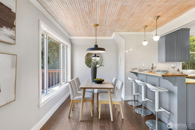 dining area featuring crown molding, plenty of natural light, wooden ceiling, baseboards, and dark wood-style flooring