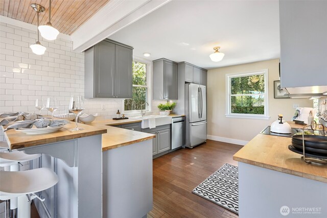 kitchen featuring butcher block counters, gray cabinetry, stainless steel appliances, and backsplash