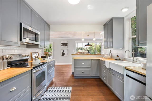 kitchen featuring stainless steel appliances, gray cabinets, a sink, dark wood-style flooring, and backsplash