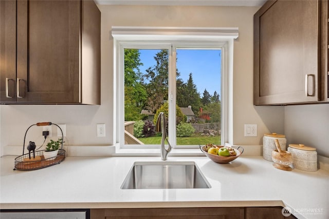 kitchen featuring a sink, light countertops, dark brown cabinets, and stainless steel dishwasher